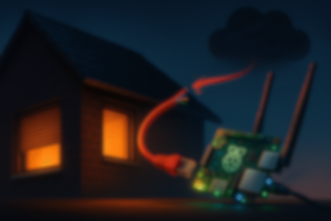 Illustration eines modernen Hauses bei Abenddämmerung, dessen Rollläden geschlossen sind und dessen Fenster warm erleuchtet sind. Neben dem Haus liegt ein Raspberry Pi mit leuchtenden Status-LEDs und zwei Antennen. Aus der LAN-Buchse des Raspberry Pi führt ein rotes Netzwerkkabel in Richtung einer dunklen Wolke am Himmel. Das Kabel ist jedoch in der Mitte durchtrennt, die Kupferadern ragen sichtbar heraus.