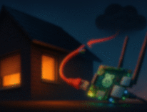 Illustration eines modernen Hauses bei Abenddämmerung, dessen Rollläden geschlossen sind und dessen Fenster warm erleuchtet sind. Neben dem Haus liegt ein Raspberry Pi mit leuchtenden Status-LEDs und zwei Antennen. Aus der LAN-Buchse des Raspberry Pi führt ein rotes Netzwerkkabel in Richtung einer dunklen Wolke am Himmel. Das Kabel ist jedoch in der Mitte durchtrennt, die Kupferadern ragen sichtbar heraus.