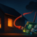 Illustration eines modernen Hauses bei Abenddämmerung, dessen Rollläden geschlossen sind und dessen Fenster warm erleuchtet sind. Neben dem Haus liegt ein Raspberry Pi mit leuchtenden Status-LEDs und zwei Antennen. Aus der LAN-Buchse des Raspberry Pi führt ein rotes Netzwerkkabel in Richtung einer dunklen Wolke am Himmel. Das Kabel ist jedoch in der Mitte durchtrennt, die Kupferadern ragen sichtbar heraus.