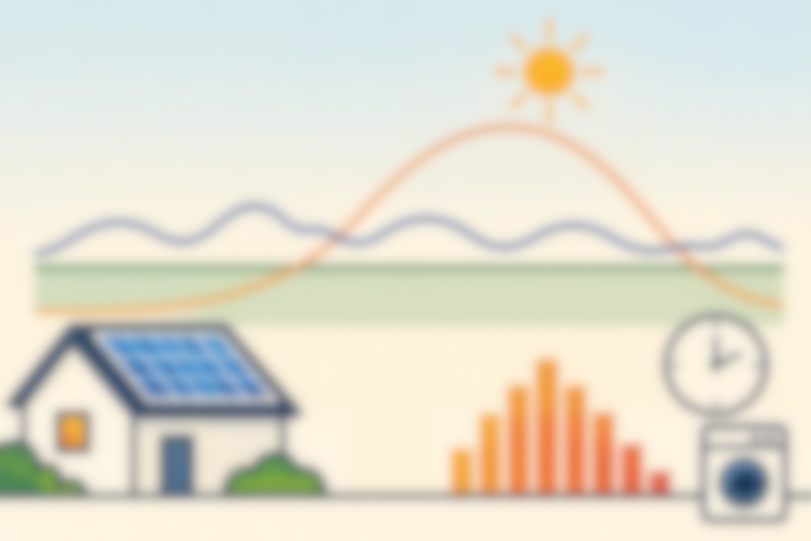 Stilisierte und bewusst weichgezeichnete Illustration zum Zusammenspiel von Stromverbrauch und Solarerzeugung. Eine orangefarbene Kurve symbolisiert die PV-Erzeugung im Tagesverlauf, eine blaue Linie den Stromverbrauch. Im unteren Bereich sind ein Haus mit Solarmodulen, ein Balkendiagramm, eine Uhr sowie eine Waschmaschine angedeutet.
