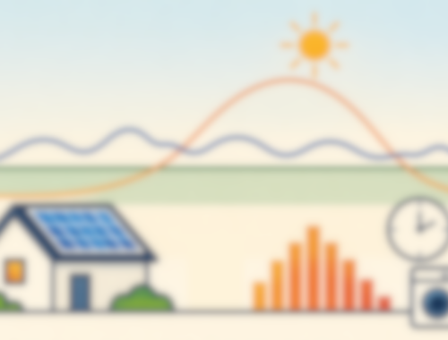 Stilisierte und bewusst weichgezeichnete Illustration zum Zusammenspiel von Stromverbrauch und Solarerzeugung. Eine orangefarbene Kurve symbolisiert die PV-Erzeugung im Tagesverlauf, eine blaue Linie den Stromverbrauch. Im unteren Bereich sind ein Haus mit Solarmodulen, ein Balkendiagramm, eine Uhr sowie eine Waschmaschine angedeutet.